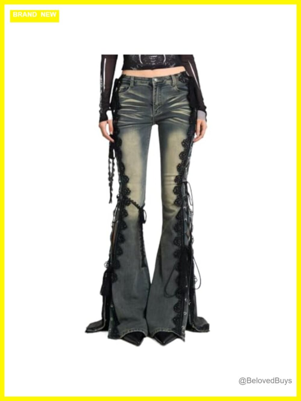 Y2K Emo Low Rise Stretchy Flare Jeans Side Lace Up Button Slit Skinny Fit Bell